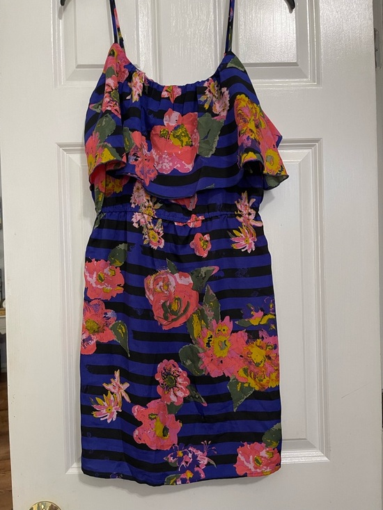 Justify Dresses & Skirts - Justify Blue and Black Striped Floral Sundress with Pink and Yellow Blooms